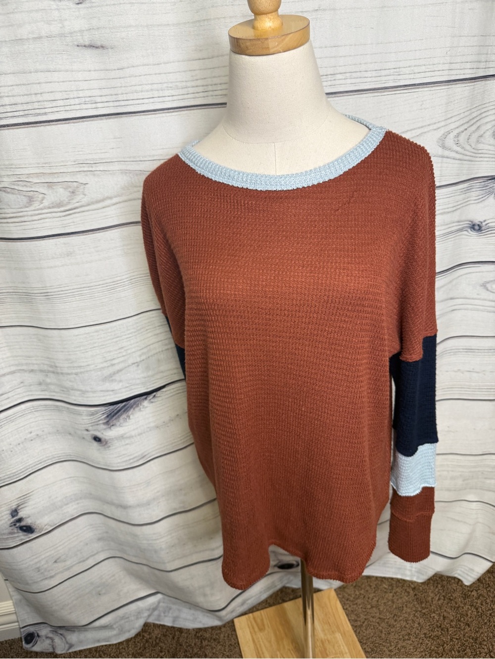 SO Rust Crewneck Sweater with Light Blue Trim & Navy Sleeve Block